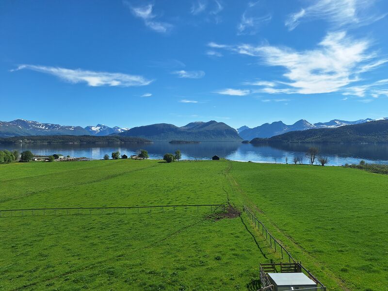 Grønn eng ned mot rolig fjord med fjell i bakgrunnen